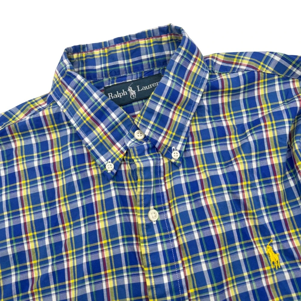 Polo Ralph Lauren Men's Medium‎ Blue Yellow Plaid Button Down Shirt Long Sleeve